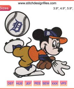 Detroit Mickey MLB Baseball Embroidery Design File, machine-ready stitched pattern of iconic baseball character.