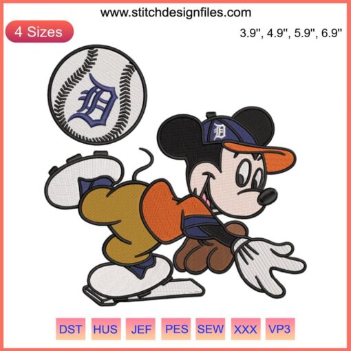 Detroit Mickey MLB Baseball Embroidery Design File, machine-ready stitched pattern of iconic baseball character.