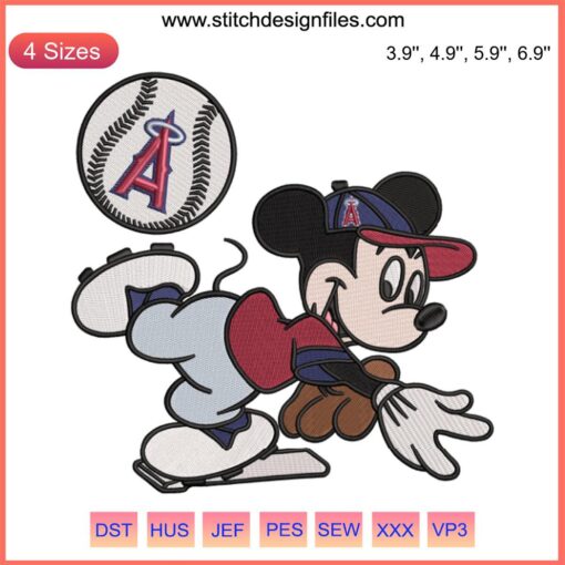 Los Angeles Angels MLB Mickey Mouse Embroidery Design File, Baseball Themed, Digital Machine Embroidery Pattern