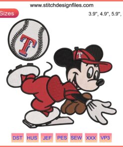 "Texas Rangers Mickey Embroidery Design - MLB Baseball Machine Embroidery File, Unique Sports Pattern"
