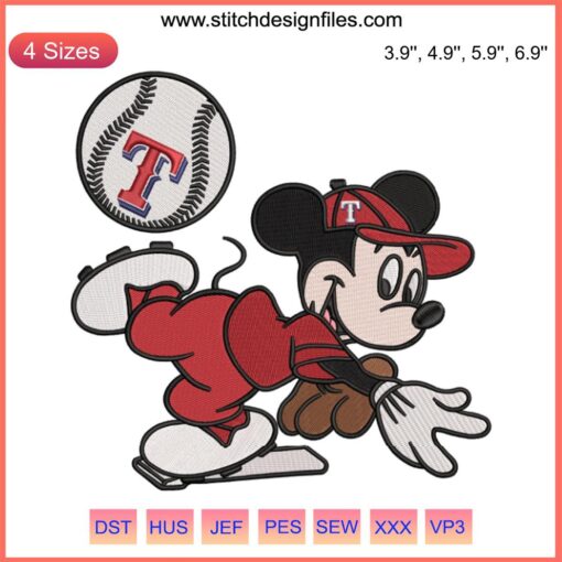 "Texas Rangers Mickey Embroidery Design - MLB Baseball Machine Embroidery File, Unique Sports Pattern"