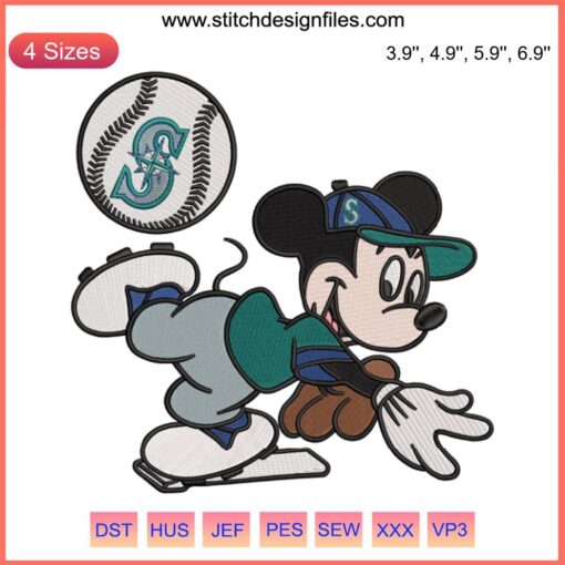Mickey Mouse wearing Seattle Mariners uniform in MLB baseball embroidery design file for machine use.