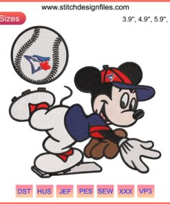 Toronto Blue Jays Mickey Mouse embroidery design file, MLB baseball theme, machine embroidery pattern download.