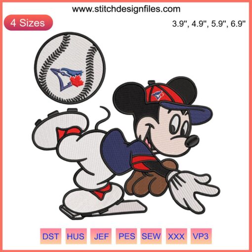 Toronto Blue Jays Mickey Mouse embroidery design file, MLB baseball theme, machine embroidery pattern download.