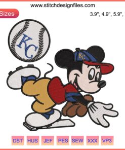 Kansas City Royals Mickey embroidery design, MLB baseball machine file featuring Mickey Mouse in team uniform.