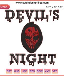 Devil’s Night Embroidery Design, Michael Crist, machine design file, Halloween theme, intricate devil mask pattern, digital download.