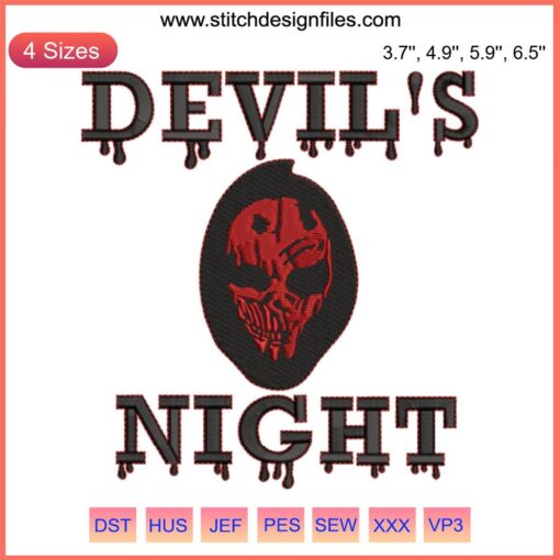 Devil’s Night Embroidery Design, Michael Crist, machine design file, Halloween theme, intricate devil mask pattern, digital download.