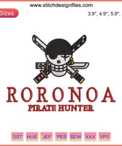 Pirate Hunter Zoro Embroidery Design Download | One Piece Anime Character Machine Embroidery File | Zoro Embroidery Pattern