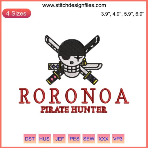 Pirate Hunter Zoro Embroidery Design Download | One Piece Anime Character Machine Embroidery File | Zoro Embroidery Pattern
