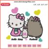Hello Kitty and Pusheen drinking milk embroidery design, Valentine-themed machine embroidery file, cute character digital art.