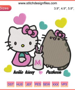 Hello Kitty and Pusheen drinking milk embroidery design, Valentine-themed machine embroidery file, cute character digital art.