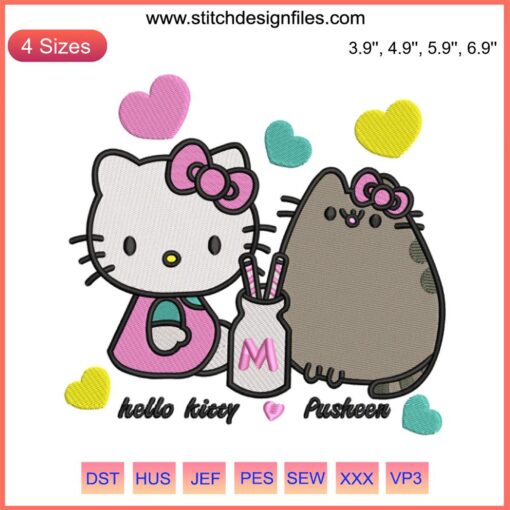 Hello Kitty and Pusheen drinking milk embroidery design, Valentine-themed machine embroidery file, cute character digital art.