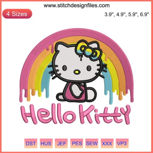 Hello Kitty Rainbow Drip Embroidery Design | Cute Machine Embroidery File with Colorful Drips Featuring Hello Kitty