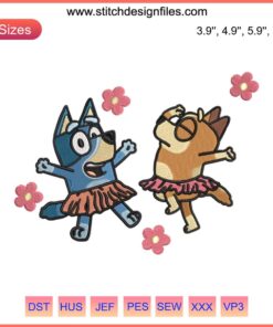 Ballerina Bluey and Mum Embroidery Design: Dance-themed machine embroidery file with detailed Bluey characters in ballet attire.