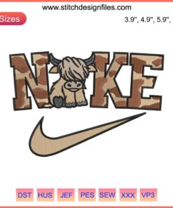 Highland Cow Nike Embroidery Design: Premium Animal Machine Embroidery File, Unique Athletic Decor, Downloadable Craft Pattern