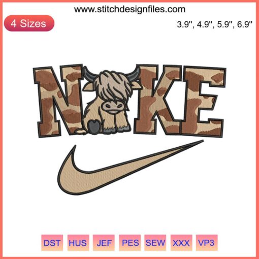 Highland Cow Nike Embroidery Design: Premium Animal Machine Embroidery File, Unique Athletic Decor, Downloadable Craft Pattern