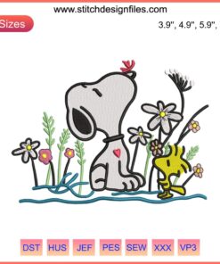 Snoopy and Woodstock Peanuts embroidery file, cute digital design for machine embroidery, vibrant cartoon embroidery pattern.