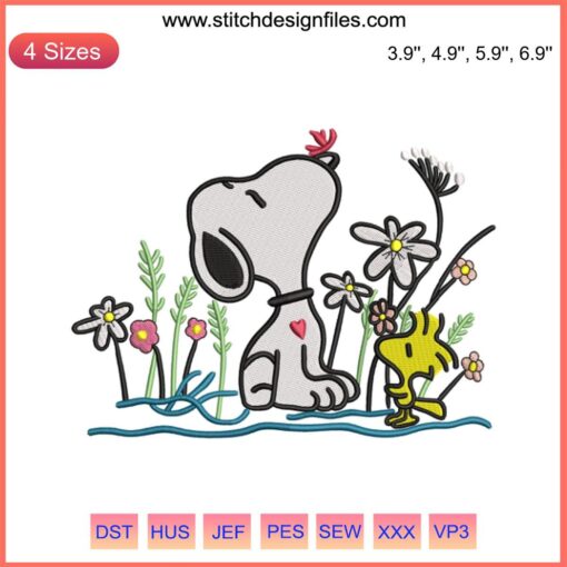 Snoopy and Woodstock Peanuts embroidery file, cute digital design for machine embroidery, vibrant cartoon embroidery pattern.