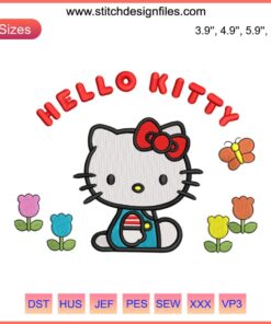 Hello Kitty surrounded by colorful flowers and butterflies embroidery design file, cute kawaii style, perfect for DIY projects.