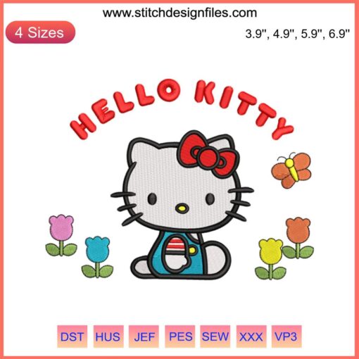 Hello Kitty surrounded by colorful flowers and butterflies embroidery design file, cute kawaii style, perfect for DIY projects.