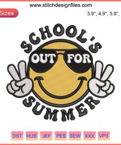 "Vibrant 'School's Out For Summer' embroidery design featuring sun and palm tree. Perfect for summer-themed machine embroidery projects."