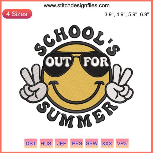 "Vibrant 'School's Out For Summer' embroidery design featuring sun and palm tree. Perfect for summer-themed machine embroidery projects."