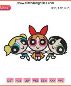 Colorful Powerpuff Girls embroidery design for machine embroidery, featuring Blossom, Bubbles, and Buttercup in vibrant detail.