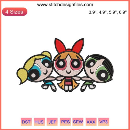 Colorful Powerpuff Girls embroidery design for machine embroidery, featuring Blossom, Bubbles, and Buttercup in vibrant detail.