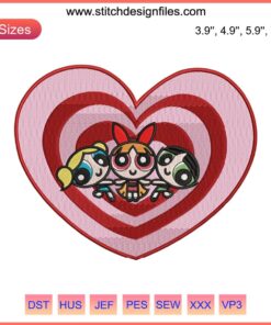 Powerpuff Girls Heart Kids Embroidery Design featuring Blossom, Bubbles, Buttercup. Perfect for children's cartoon-themed projects.