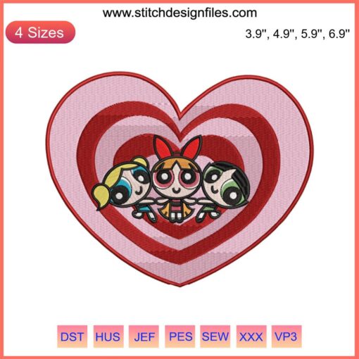 Powerpuff Girls Heart Kids Embroidery Design featuring Blossom, Bubbles, Buttercup. Perfect for children's cartoon-themed projects.