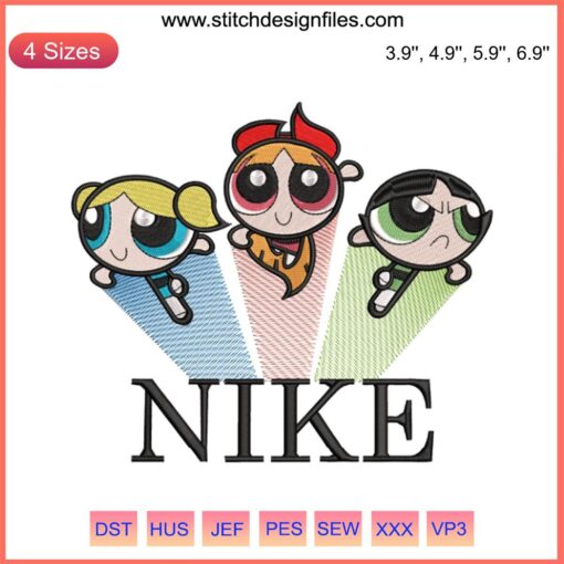 Powerpuff Girls Nike Embroidery File - Cartoon Embroidery Design featuring iconic trio for apparel customization.