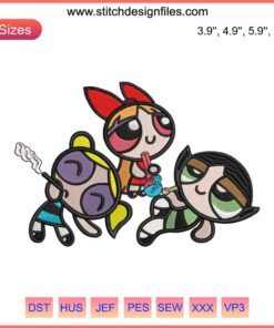 Powerpuff Girl smoking embroidery design with weed theme, humorous embroidery file, funny digital art for cannabis lovers.