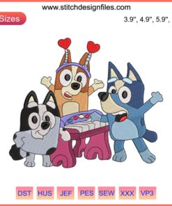 Bluey Birthday Embroidery Design File featuring Bluey, Bingo, and friends celebrating with balloons, ideal for embroidery machines.