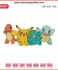 Embroidery design of Pokemon friends in anime style, perfect for DIY projects. Downloadable embroidery file for crafting enthusiasts.