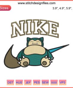 Snorlax Nike Embroidery Design File - Pokemon Snorlax showcases unique Nike-themed embroidered design for digital download.