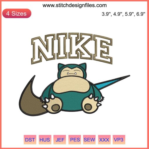 Snorlax Nike Embroidery Design File - Pokemon Snorlax showcases unique Nike-themed embroidered design for digital download.