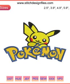 Pikachu Embroidery Design File: Vibrant Pokemon logo featuring Pikachu, ideal for machine embroidery projects.