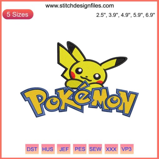 Pikachu Embroidery Design File: Vibrant Pokemon logo featuring Pikachu, ideal for machine embroidery projects.
