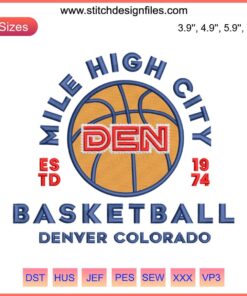 Denver Nuggets Mile High City embroidery design file featuring basketball-themed logo in vibrant colors, ideal for embroidery projects.