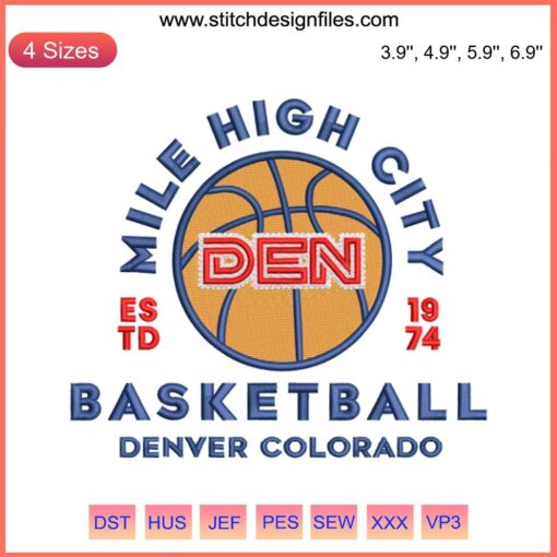 Denver Nuggets Mile High City embroidery design file featuring basketball-themed logo in vibrant colors, ideal for embroidery projects.