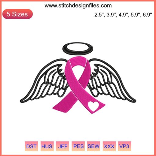 Breast Cancer Angel Wings Embroidery Design | Pink Ribbon Machine Embroidery File | Cancer Awareness Symbol