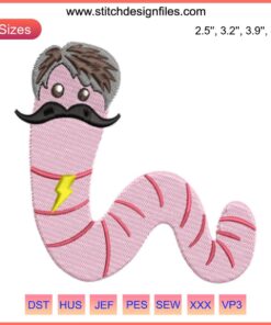 Funny worm with a mustache embroidery design by James Tom Ariana, featuring whimsical detail and vibrant colors for unique decor.