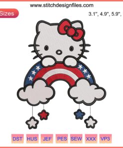 Hello Kitty 4th of July Embroidery Design | Cute Independence Day Machine Embroidery with American Flag Colors