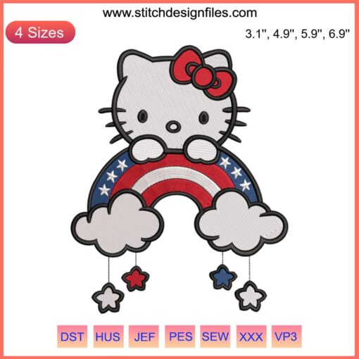 Hello Kitty 4th of July Embroidery Design | Cute Independence Day Machine Embroidery with American Flag Colors