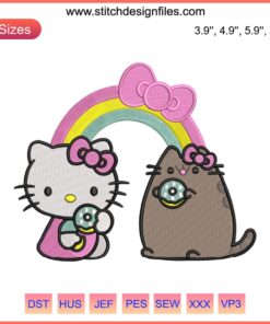 Rainbow Hello Kitty and Pusheen embroidery design file, featuring a cute gift theme with vibrant colors and adorable characters.