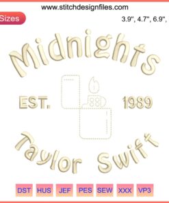 Taylor Swift Midnights Album Embroidery Design: Detailed digital file showcasing intricate motifs, perfect for fans and crafters.