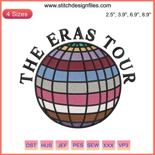 Embroidery design file featuring Taylor Swift's Eras Tour 2023 theme with music-inspired elements and Taylor Swift motifs.