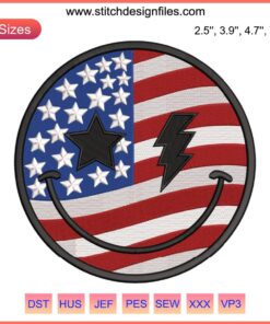 Patriotic American Smile embroidery design featuring stars and stripes, perfect for 4th of July projects. Downloadable file.