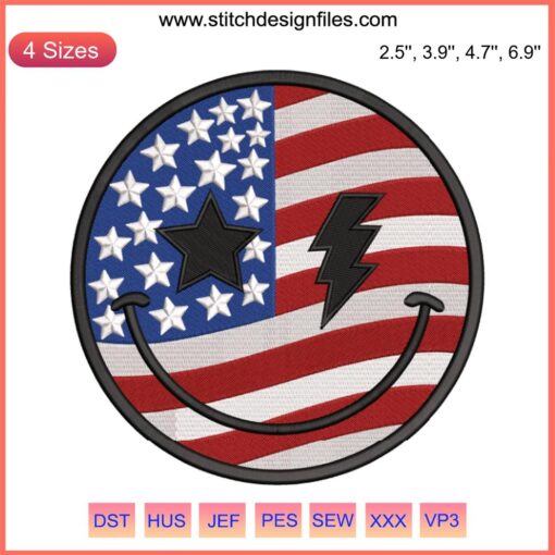 Patriotic American Smile embroidery design featuring stars and stripes, perfect for 4th of July projects. Downloadable file.