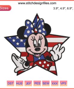 Minnie Mouse 4th of July Embroidery Design: Patriotic Independence Day Machine File with Stars and Stripes Bow.